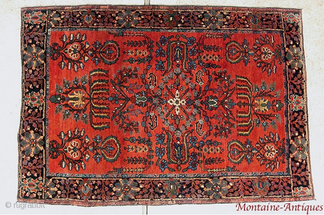  A different kinda Sarouk, 4'6" x 3'2"  early 20th Cent.  Open, almost tribal design. Unique border for a Sarouk. Good saturated natural colors; lucky ducky: escaped painting. Fine weave.  ...