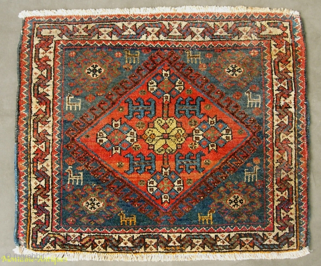 Afshar bag face, 1.7 by 2. Circa early 20th century. Charming little rug with animal figures. Lovely colors; lush pile has a wonderful soft feel. Guard missing on bottom. Aside from this  ...