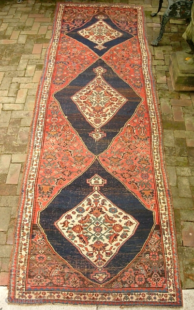 Bidjar-- 3 ft 10 in x 13 ft 2 in. A legit antique (possibly 19th cent). Mystical hovering medallions. A terrifically beautiful piece. As you can see, evenly worn and  shows  ...