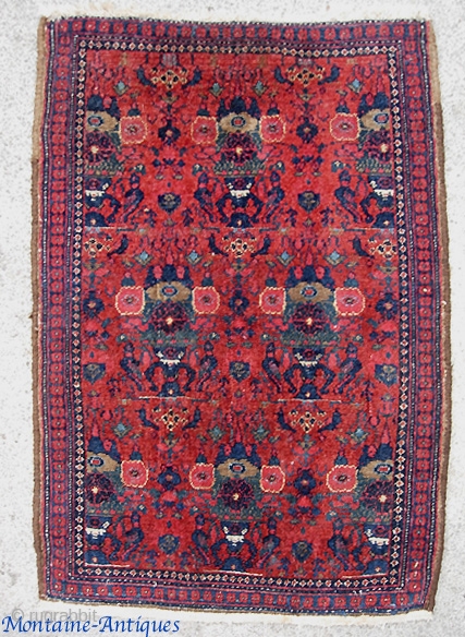 Senneh pushti. 1 ft 11 inches by 3 ft 1 inches. Pretty fine weave around 200 knots per inch.  As Edwards said, most Sennehs from this period are same-old,  same-old  ...