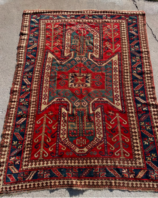 SOLD Beautiful Sewan Kazak measuring 5’4”x7’4” with some wear. More pics available upon request. 
roddy@rugcurator.com 
208-433-0312                 