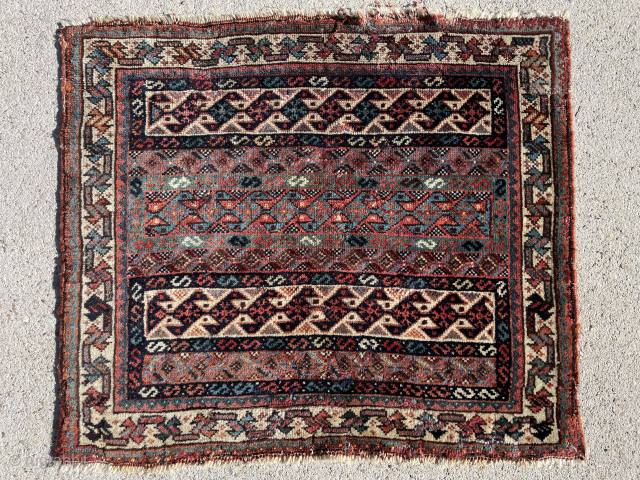 Small Khamseh or Ghashghai bag face, small reweaves on two corners, more pics available on request. 208-433-0312 or email roddy@rugcurator.com             