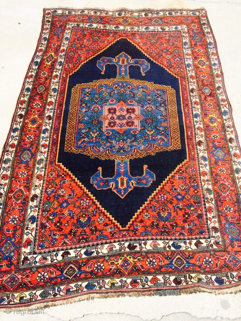 Nice turn of the century or perhaps older Bijar measuring 4'5"x 6'8". Rug is longer by 3 inches on one side, hence the crookedness. More pics available upon request.  Thanks.  