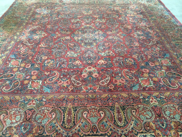 Found this Yesterday out in the country: A 1940's Persian Saruk measuring 12'6"x 13'1", beautiful accent colors, hard to find size, I just cleaned it, has low pile in a few area's,  ...