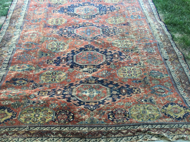 7'10"x 8'4" 1880's antique Soumak in need of restoration.  Having said that, rug is beautiful and is all there. More pics available upon request.  Thanks.      