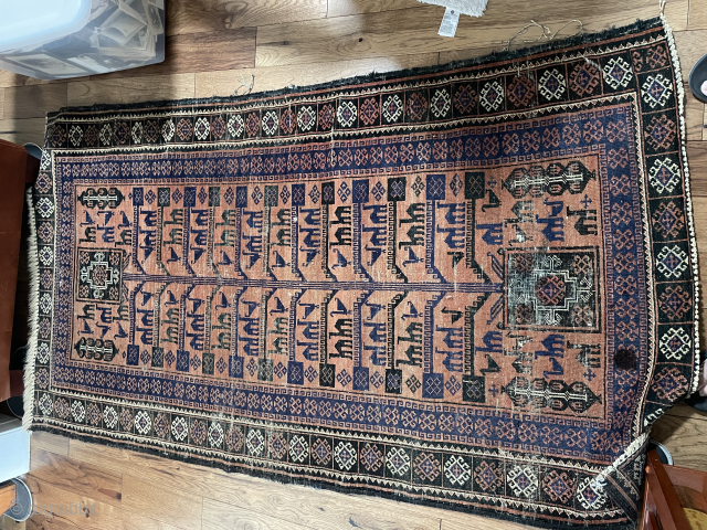 Old Baluchi, missing at both ends, some rough binding and scattered wear plus a stain. moraad65@yahoo.com 
208-433-0312                