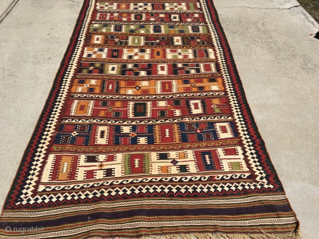 Nice semi-antique Ghashghai Kilim for a reasonable price.                         