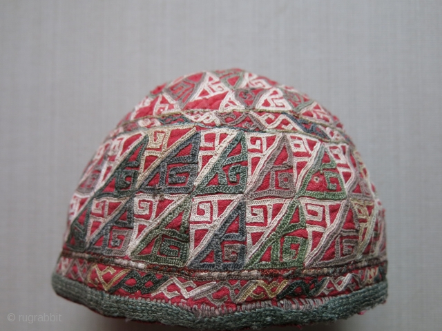 Turkmen Chodor antique tribal hat, silk embroidery with traditional Chodor designs. circa 1900 - Size- 7" in diameter - 5.1/2" tall.            