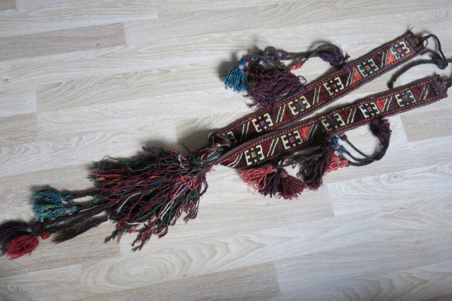 Afghanistan Baluch tribal animal pile ceremonial trapping, all natural colors with thick wool tassels. Washed and frozen. Circa 1900 , Pile part 35" - 90 cm long. tassel part is 25" 65  ...