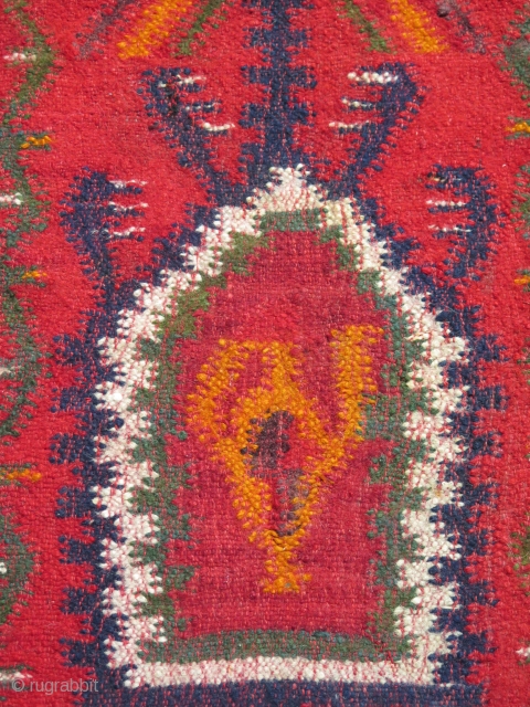 Antique Balkan Sarkoy kilim, woven in three panels in design of 2-1-2. Strong saturated colors. One little stain about 2" x 2". Circa 1900 - 1920. Size: 66" x 98" - 167  ...