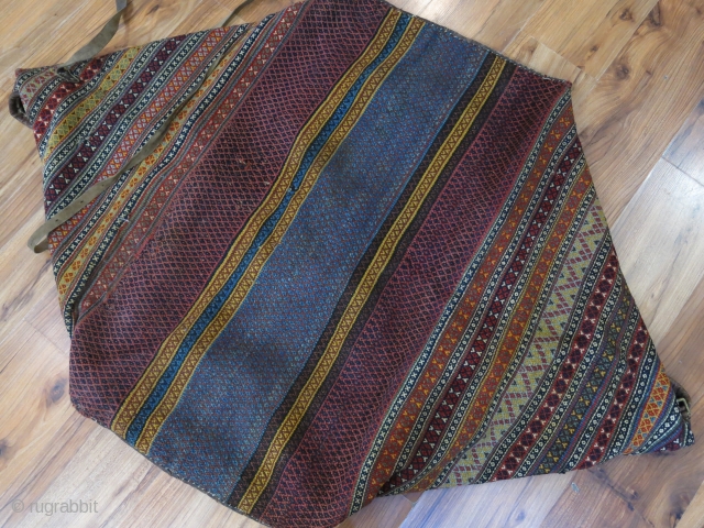 South Persia, Qashkai tribal migration bedding bag. All wool with mostly natural colors and with leather straps. Circa 1920 -1930. Size : 39" X 23"  - 99 cm X 58 cm 