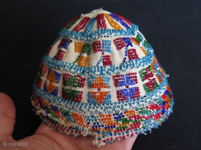 Syrian Durzi beaded hat. Glass beads on cotton.                         