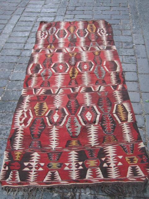 South-East Anatolian Mut Kilim.Naturel colors,one end border missing.217x100cm                         