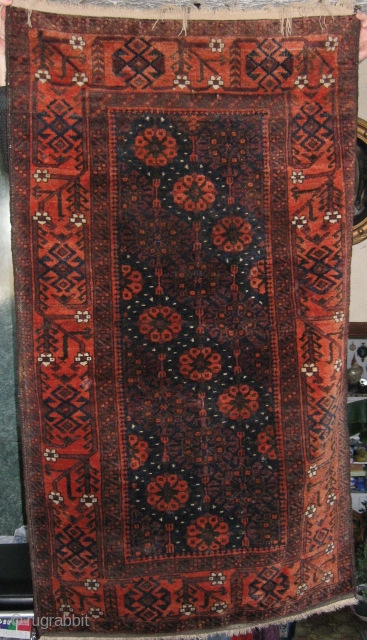 Baluch rug, deep, rich & lustrous 34 x 63" mini khani variant. some edge wear along the selvage.               