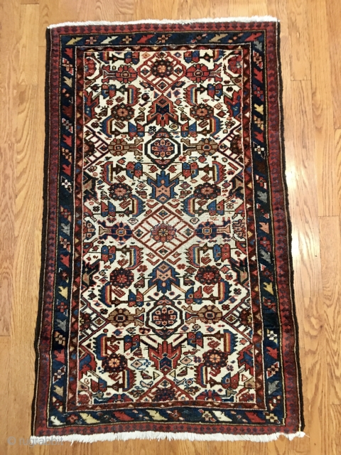 Small Antique White Field East Caucasus Rug, probably Shirvan/Kuba or Dagestan.  Contains a good combination of saturated colors. Unusual design. Low pile in the center with medium pile elsewhere. Few rows  ...