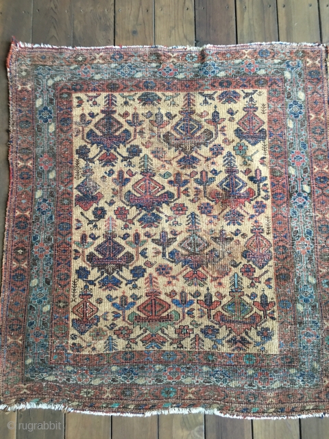 Small squarish Antique Afshar usually called a Masnad or sitting rug for distinguished guests. Camel field with colorful symbols including several blues and greens. All natural colors. Size: 3'5" X 3'10". Good  ...
