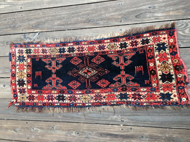 Beautiful Antique Veramin Torba or Mafrash panel. All natural and saturated colors including a brilliant indigo. Soft floppy handle and shiny wool. In full pile but some fraying and small losses to  ...