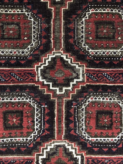 Unusual Antique Khorasan Baluch from Northeast Persia circa late 19th Century. Good condition with all natural colors including generous use of aubergine or purple-brown. Four cord selvedges. Some oxidation of khaki-brown and  ...