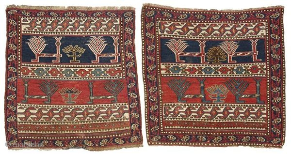 Nagel Auction September 7, 2010. Lot 181, A pair of Shahsavan Soumak bag faces, Caucasus, circa 1880. Circa 43 cm x 44 cm each. Full catalogue online now www.auction.de    