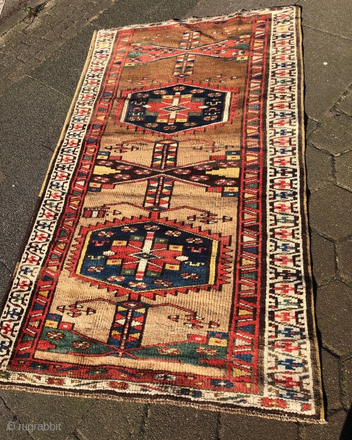 Antique Kurdish rug with a beautiful camel ground color, size: 187x110cm / 6'2''ft x 3'6''ft                  