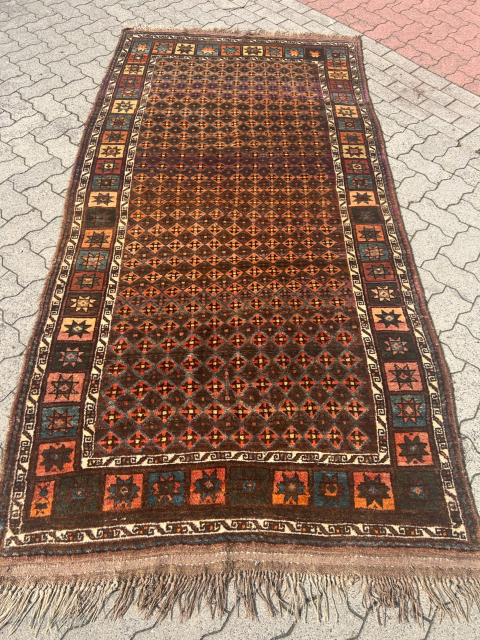 Antique Kordi rug from Khorassan province of Northeast Persia, good condition with full chunky pile. Glossy, shiny wool.  Its intricate design features a mesmerizing interplay of earthy brown tones, evoking a  ...