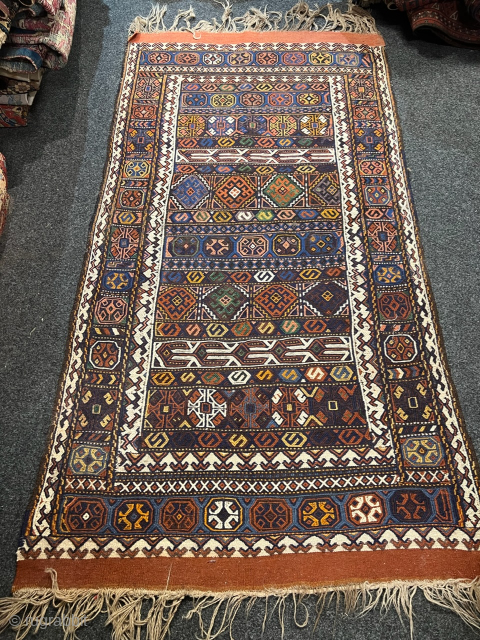 A very nice Kordi kilim from Khorassan province in Northeast Persia woven in Soumakh technique. Size: circa 210x108cm / 7ft by 3’6ft http://www.najib.de          