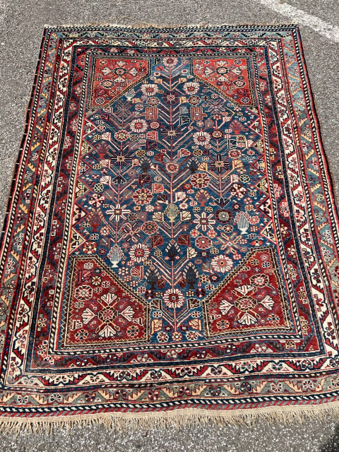 Antique Qashqai tribal rug from Southwest Persia, beautiful sky blue field color and a very nice tree design. Size: circa 180x135cm / 6ft by 4’5ft http://www.najib.de you can also contact us through  ...