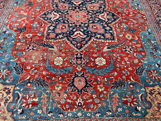 Fresh arrival from an old German estate: Beautiful Heriz from Northwest Persia. Very decorative. Size: circa 420x350cm / 13‘7ft by 11‘5ft http://www.najib.de you can also contact us through Whatsapp or telephone: +49  ...