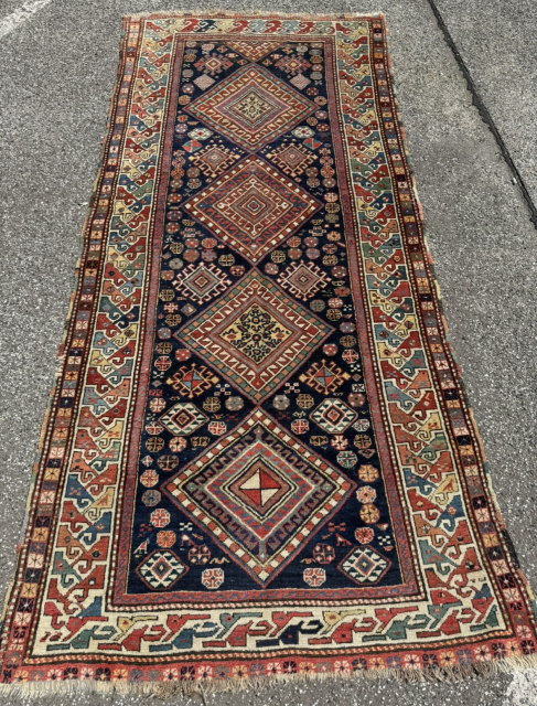 A very old Caucasien Shahsavan (?) rug from an old German collection. Beautiful colors, lovely details. Size: circa 255x116cm / 8‘4ft by 3‘9ft  http://www.najib.de        