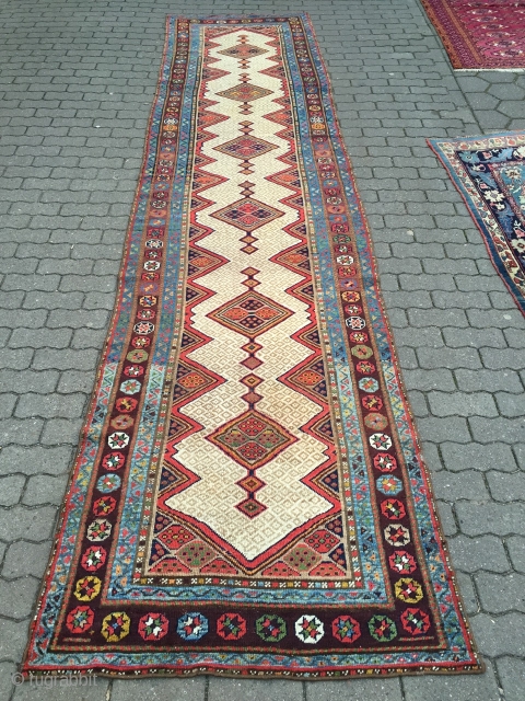 Very decorative antique Kurdish tribal runner,19th century size: ca. 435x102cm / 14'3''ft x 3'3''ft wool on wool, sides and ends rebound.            