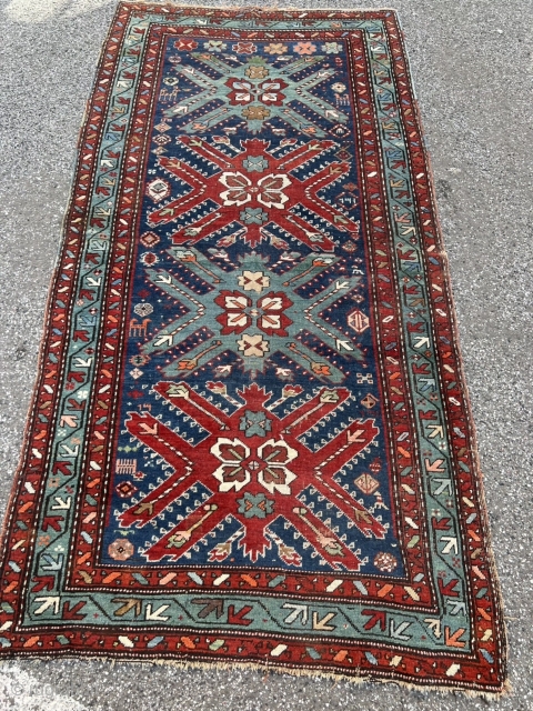 Antique Caucasian Karabagh rug. The design is inspired by Tshelaberd or so called Eagle / Adler Kazak rugs. Size: 228x116cm / 7‘5ft by 3‘8ft         