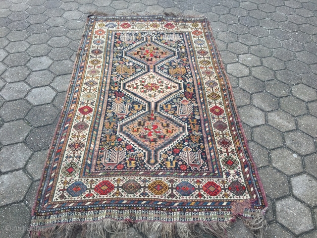 Antique Shekarlu Qashqai tribal rug from Southwest-Persia with lots of birds and animals, age: circa 1900. size: ca. 235x135cm / 7'7''ft x 4'4''ft , little damage from World War II in one  ...