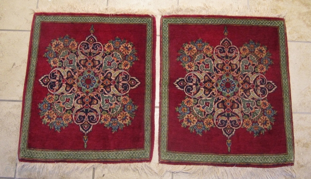 a fine pair of antique Persian Keshan Poshtis. Age: circa 1920. Good condition. Size: ca. 65x55cm each / 2'2'' x 1'8''ft www.najib.de           