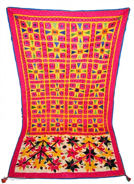 Antique Vintage Exquisite Kutch Banjara 100s hand Embroidered with extensive mirror work Sari Indian Toran Valence Window or Wall Hanging Tapestry from the Kutch region of Gujarat in Western India Size Large.You  ...