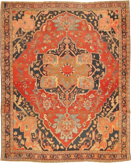 Extremely Fine Room Size Antique Persian Heriz Serapi Rug 2570, Size: 9'9" x 11'11", Country of Origin: Persia, Circa date: 1900 - The fine weave and the delicate, almost classical curve-linear drawing  ...