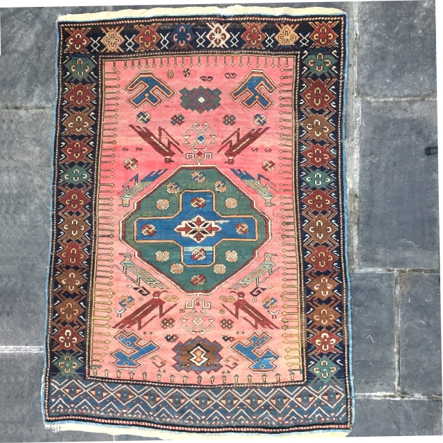 Late 19th C Shusha Garga or Kuba Bird beautiful colors and eagle symbol and Cross, 
3'10" x 5'5"
few small repairs and re-knotting.
A very unique piece for collectors.
Knots : symmetric, pulled slightly to  ...