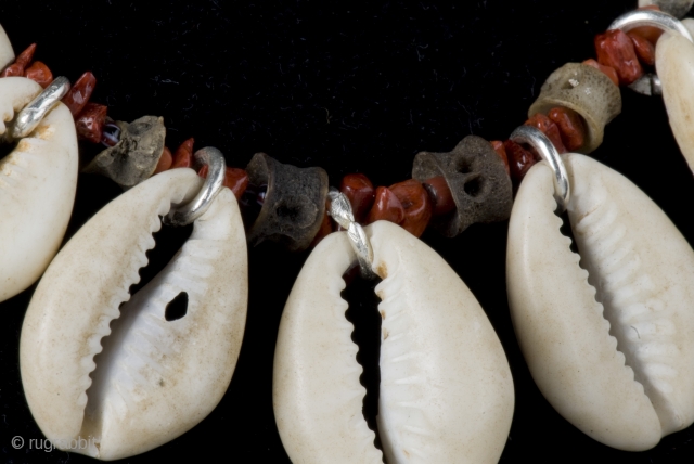 Necklace with Phacocerus teeth, shells, cauris, old red coral and snake vertebres from an old Congo gri-gri (fetish)
size : 
lenght:  41 cm 
diameter of beads: 0,1 - 2,5 cm

Bibl. ref.: Dubin, History of  ...