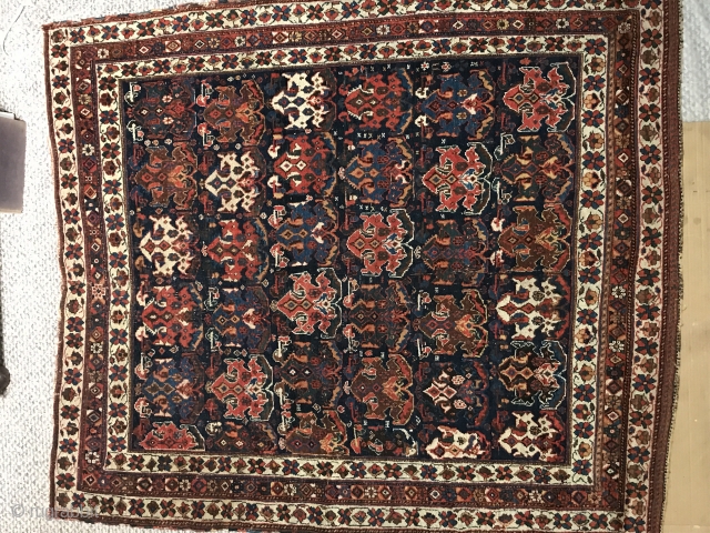 Gorgeous Afshar rug - ca.1880, 63" - 54"
Solid, saturated color. Solid weave, medium pile, a few lower spots. All original. One or two areas where it was stitched to reenforce sometime in  ...