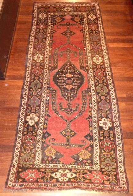 Kurdish piled runner from Sanandag(Senneh) area, 342x134cms, excellent condition with overall even pile and no loss to ends, nice range of all natural colours, interesting central dagger(?) motifs.     