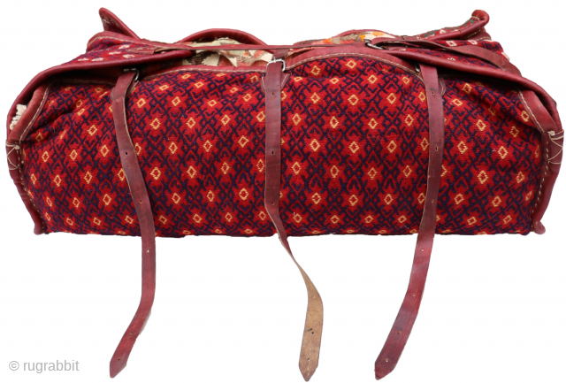 This bedding suitcase or mafrash from the Luri or Qashqai tribe is slightly smaller than usual for mafrashes. All dyes are natural. The interior of the bag has a cotton cloth throught.  ...