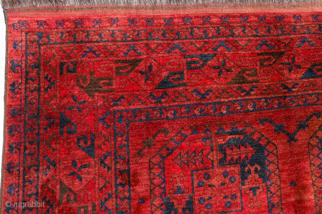 This rug from the Daulatabad region was woven by Ersari weavers from Afghanistan. It is woven with a high knot density and is quite square in size, unusual for vintage rugs.In perfect  ...