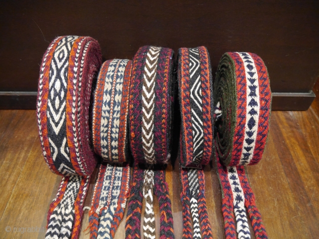 Mid 20th century Bakhtiari nomads horse bands for tying loads to the small pack horses during migrations. All in excellent original condition, up to 8m long.       