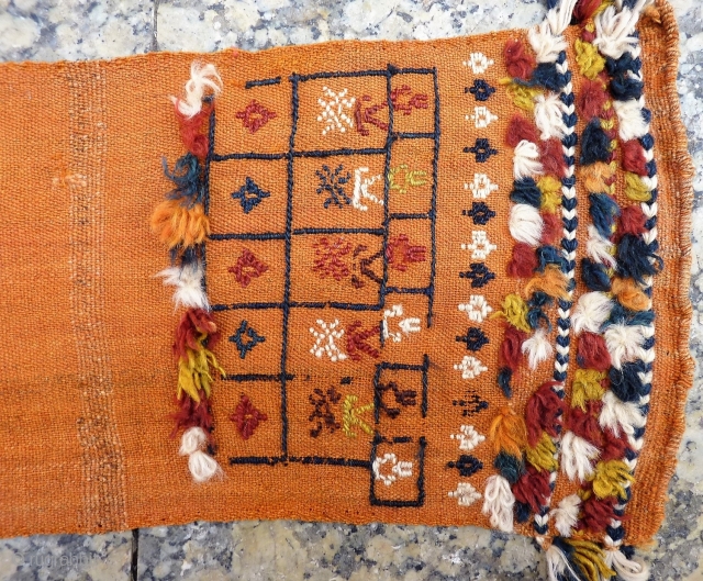 This type of long and narrow kilim was doubled lenghwise, stuffed with straw and tied round the neck of the mule. Sometimes in Iran we buy this type of kilim already stiched  ...