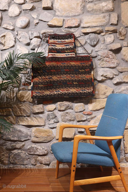 When the back can be more interesting than the front... ¡click to see all the images!
This lovely Qashqai namakdan or salt bag was woven with a combination of natural undyed wool and  ...