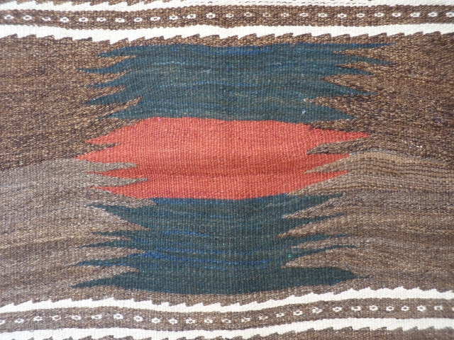 Karkas mountains soffreh, Iran, 93x80cms, undyed wool background with abrashes in shades of brown, cream and grey, with artistic central motif in blue-green and terracotta,excellent condition with original fringes and selveges, no  ...