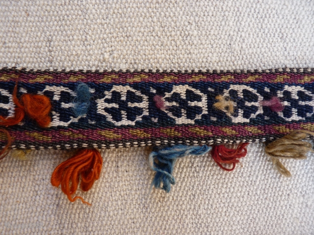 Qashqai Kashkuli horse neck band, 54x5cms, excellent condition, intact original band from about 1920, natural colours, with additional plaited tassles (blue and orange) added at a later date to looped strands at  ...