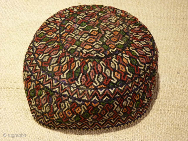 Turcoman embroidered skull-cap, 16cm diameter, very fine stitch and in perfect condition.                     