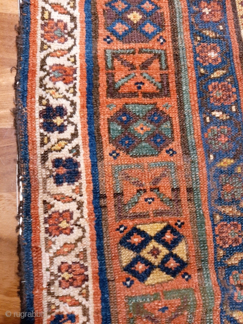 Restoration project! Attractive Kordi rug from 2nd half 19th c. Great design and colours, missing knots and missing side binding, one area of old repair (see photo) but otherwise original and intact. 