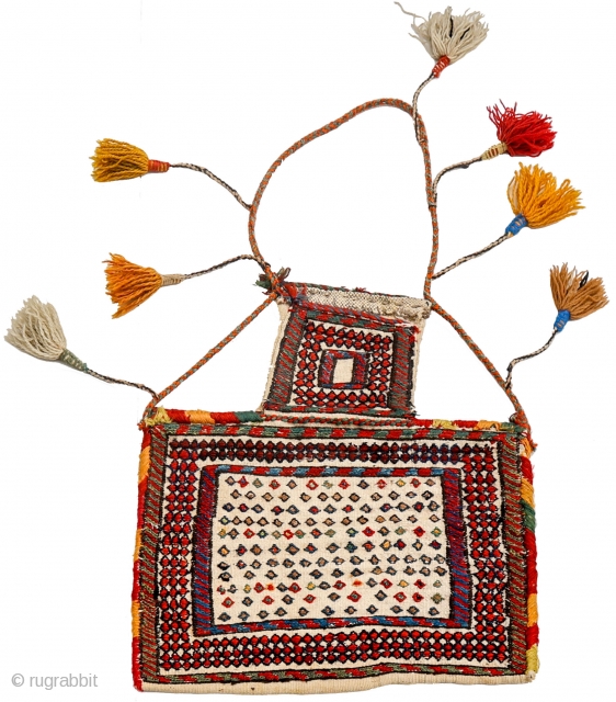 A pretty Afshar? namakdan from Kerman area. 54x46 cms (AT1705170). You can buy this namakdan directly from our web: https://nomada.biz/en/producto/antique-afshar-namakdan-or-salt-bag-from-iran-54x46-cms/             