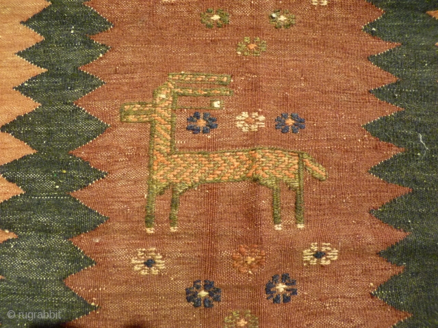 Afshar soffreh with deer and flower motifs overstitched, from about 1940, 115x116cms, very good original condition.                 